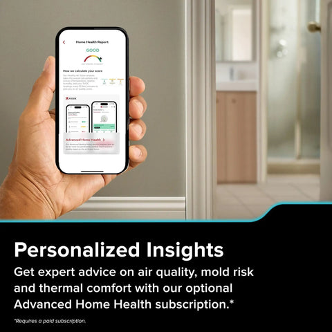 Hand holding smartphone displaying air quality report app interface with subscription note, in home setting.