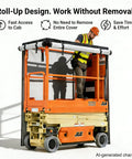 Heavy Duty Scissor Lift Cover 75 X 34 X 87 Inch Tough As Nails Aerial Guard on a scissor lift with roll-up design for easy access.