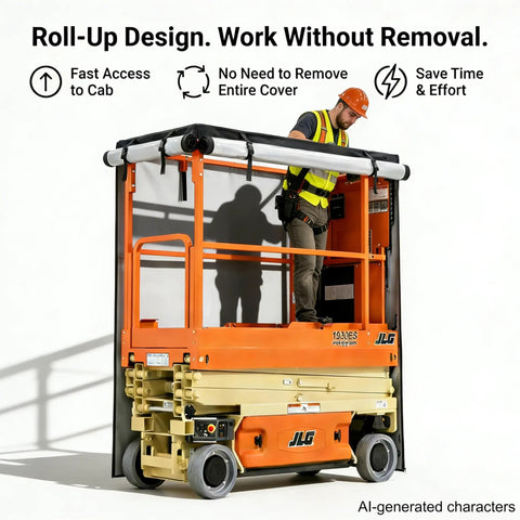 Heavy Duty Scissor Lift Cover 75 X 34 X 87 Inch Tough As Nails Aerial Guard on a scissor lift with roll-up design for easy access.