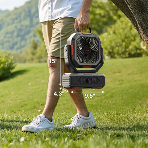 Person carrying Portable Camping Fan With 20000mAh Battery Remote And Led Lantern Stepless Speed Control And Fast Charging, outdoors