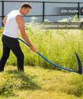 Man using 20 Inch Sickle Tool with Curved Stainless Steel Pole, Adjustable Dual Hand Grip, Pro Grade Blade in grassy field.