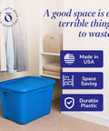 4 Pack 18 Gallon Blue Plastic Storage Bins With Lids, Heavy Duty Molded Stackable Totes in closet, durable plastic