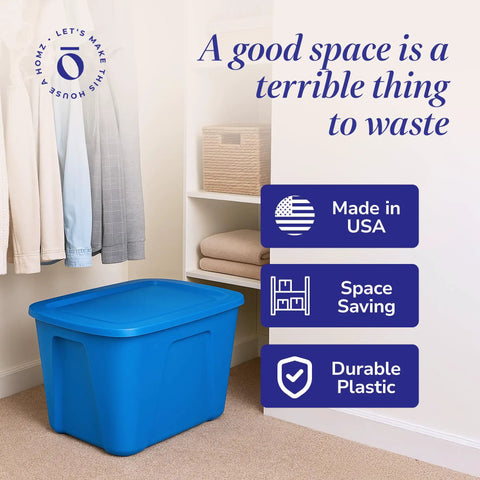 4 Pack 18 Gallon Blue Plastic Storage Bins With Lids, Heavy Duty Molded Stackable Totes in closet, durable plastic