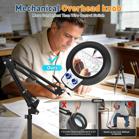 Man using Pro Grade Floor Magnifying Lamp With Light And Stand 30x 12x Magnification Stepless Brightness at a desk