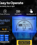 Digital HVAC Manifold Gauge displaying backlit LCD for R32 refrigerant with pressure and temperature readings.