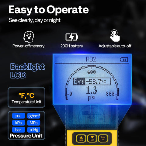 Digital HVAC Manifold Gauge displaying backlit LCD for R32 refrigerant with pressure and temperature readings.