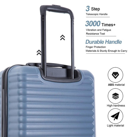 Hard Shell Carry On Luggage 20 Inch with spinner wheels close-up on telescopic handle, showcasing durability and ABS material