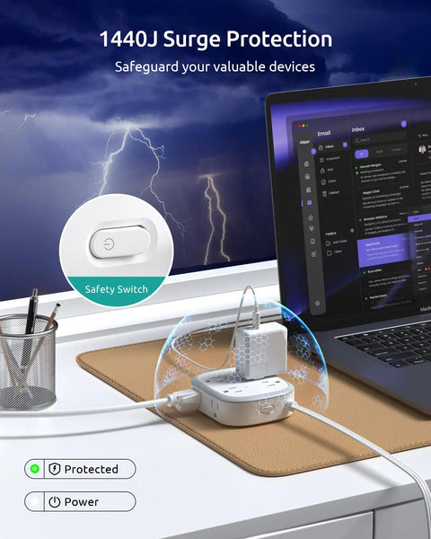 360 Rotating Flat Plug Power Strip With 8 Widely Spaced Outlets And 4 USB Ports 1 USB C 5ft Cord Wall Mountable 1440J Surge Protector