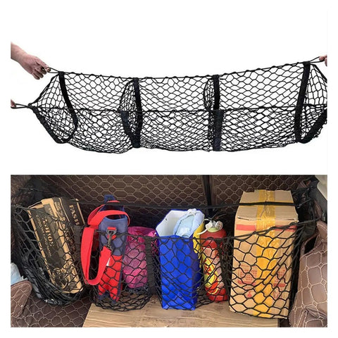 Multi Compartment Truck Bed Cargo Net For Tesla Cybertruck 2024 in black mesh, organizing tools and boxes in pickup bed