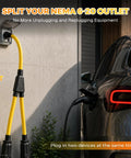 Heavy Gauge Three Foot Y Splitter Converts One NEMA 6-20 Male Plug Into Two Ready To Go Female Outlets So You Can Charge Your EV And Run Workshop Gear Double Quick Without Cord Switching Headaches, 3ft yellow splitter in use.
