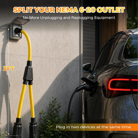 Heavy Gauge Three Foot Y Splitter Converts One NEMA 6-20 Male Plug Into Two Ready To Go Female Outlets So You Can Charge Your EV And Run Workshop Gear Double Quick Without Cord Switching Headaches, 3ft yellow splitter in use.