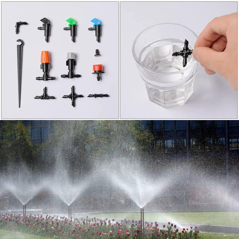 Drip Irrigation Fittings Kit With Barbed Connectors For Quarter Inch Tubing 190 Pieces Includes Straight Barbs Tees Elbows End Plugs And Four Way Coupling For Flower Pots Gardens And Lawns Easy Snap On No Tools Needed photographed above a garden scene with sprinklers.