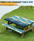All In One Picnic Table Cover Set With Bench Covers For 6 Foot Tables And 72 Inch Benches Elastic Edges And Drawstring Storage Bag Fits 72 X 30 Inch Tables Blue Green Outdoor Camping Essentials on wooden picnic table