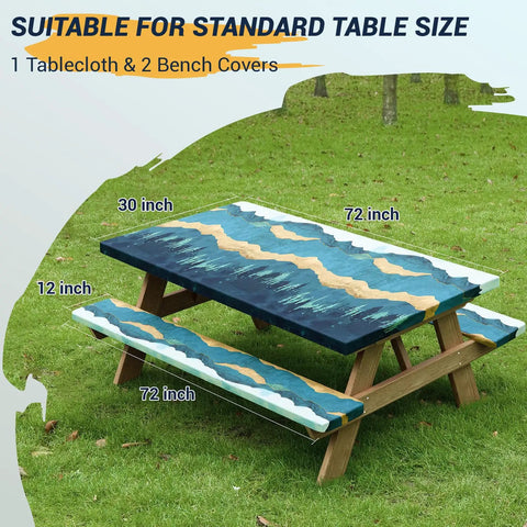 All In One Picnic Table Cover Set With Bench Covers For 6 Foot Tables And 72 Inch Benches Elastic Edges And Drawstring Storage Bag Fits 72 X 30 Inch Tables Blue Green Outdoor Camping Essentials on wooden picnic table