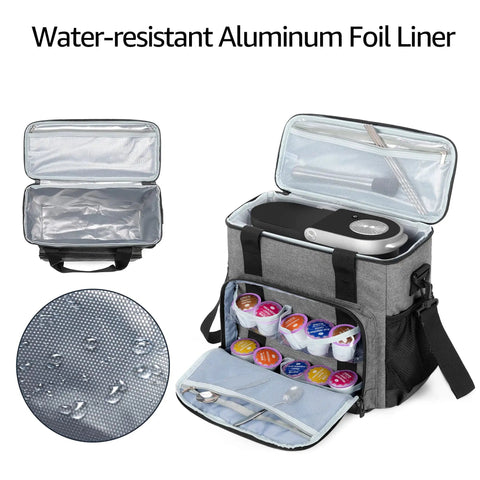 Portable Coffee Maker Travel Bag For Keurig K Mini And K Mini Plus With Multiple Pockets showing water-resistant lining