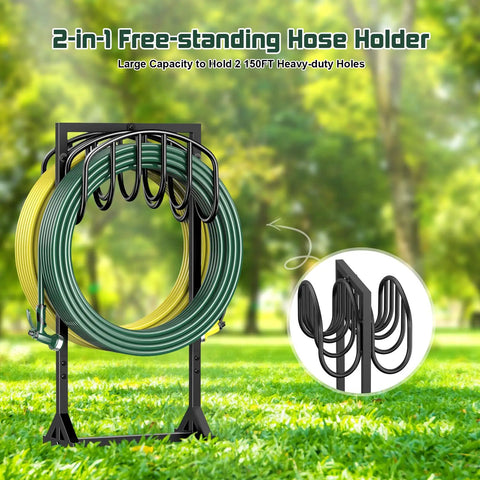 Heavy Duty Garden Hose Holder For Two 151 Foot Hoses With Stable Freestanding Base Rustproof Metal Hose Stand For Outdoor Yard Lawn And Farm Keeps Hoses Neat No Fuss And Ready To Use