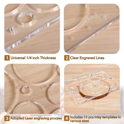 Pro Grade Router Templates for Woodworking Kit With Circle Inlay Templates and Decorative Jig 13 In 1 Acrylic Templates, Clear Laser Cut Acrylic, 10 By 7.8 Inches, One Quarter Inch Thick showing various template sizes and clear engravings on wood surface