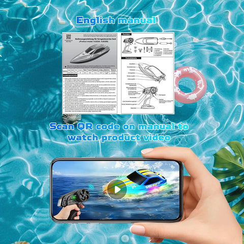 Instruction manual for Two Pack RC Boat Set For Pools And Lakes, Self Righting Remote Control Boats with RGB Lights and smartphone display.