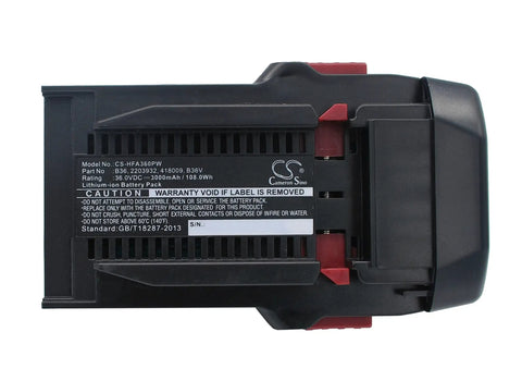 36V 3000mAh Li Ion Replacement Battery For Hilti TE6 A, TE6 A36 And WSR36 A Cordless Hammer Drill, battery pack label view