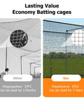 Comparison of two batting cage nets, left polypropylene lasting 5 months, right polyethylene lasting 3 years, outdoors