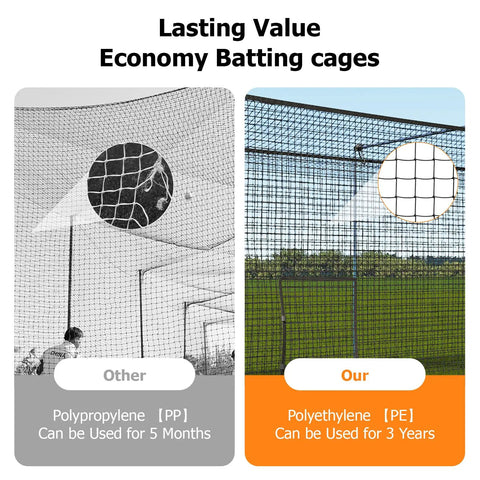 Comparison of two batting cage nets, left polypropylene lasting 5 months, right polyethylene lasting 3 years, outdoors