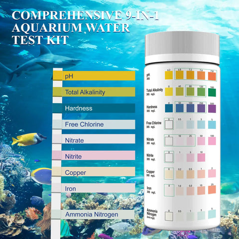 Top Shelf Aquarium Test Strips Checks Ph Ammonia Chlorine Hardness Alkalinity Nitrite Sulfate Copper Iron For Freshwater And Saltwater Fish Tank Water Clarity Kit, featuring a 9-in-1 test kit with color-coded readings.