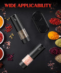 Electric Salt And Pepper Grinder Set Battery Powered With Led Light Adjustable Coarseness and spices on table