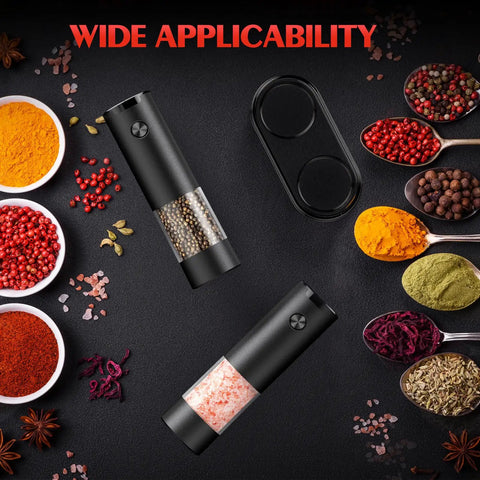 Electric Salt And Pepper Grinder Set Battery Powered With Led Light Adjustable Coarseness and spices on table