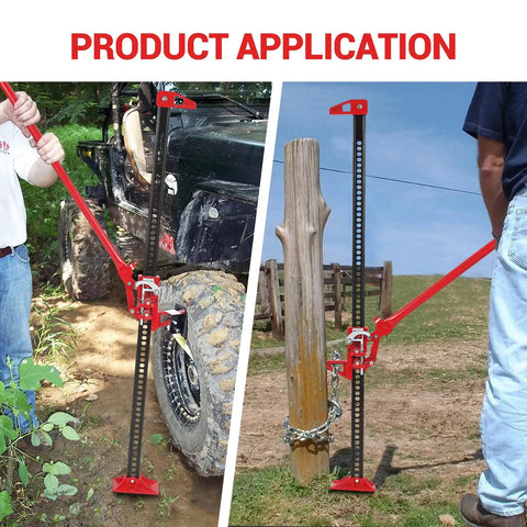 Beefy 60 Inch Heavy Duty Steel Farm Jack With 3 Ton Capacity And 6600 Lbs lifting a truck and pulling a post in field application