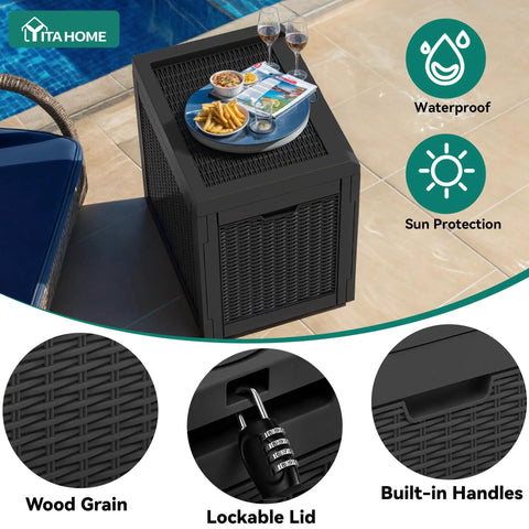32 Gallon Resin Deck Box With Lockable Lid And Easy Carry Side Handles For Indoor Outdoor Storage next to a pool