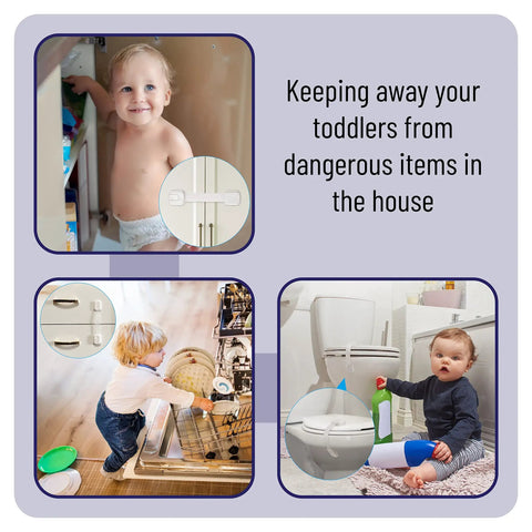 Six Pack Child Safety Strap Locks for Cabinets and Drawers Easy Install Baby Proof Cabinet Latches in use by toddlers