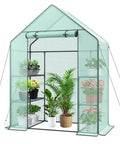 Spacious 3 Tier Walk In Greenhouse Kit With 6 Shelves And Durable PE Cover, Outdoor Planting Green House For Vegetables And Flowers, 56 x 28 x 76 Inches, Includes Anchors And Ropes showcasing plants inside.