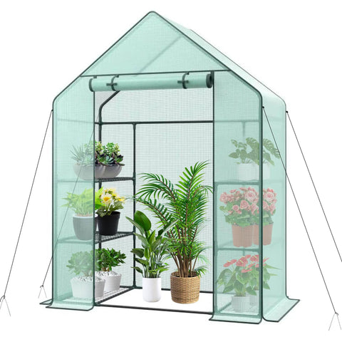 Spacious 3 Tier Walk In Greenhouse Kit With 6 Shelves And Durable PE Cover, Outdoor Planting Green House For Vegetables And Flowers, 56 x 28 x 76 Inches, Includes Anchors And Ropes showcasing plants inside.