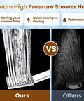 Dual Shower Heads System With 8 Inch Square Rain Shower Head showing high pressure water vs others for comparison
