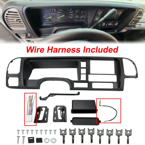 ECOTRIC double DIN dash panel for 1995–2002 GM trucks, black bezel with wire harness and mounting hardware