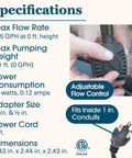 Image of 155 GPH Fountain Pump specifications with adjustable flow control and power cord, suitable for small fountains and hydroponics.