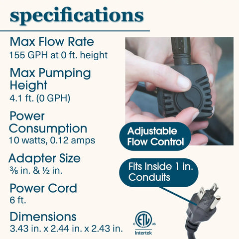 Image of 155 GPH Fountain Pump specifications with adjustable flow control and power cord, suitable for small fountains and hydroponics.