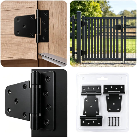 Top Shelf 3.5 Inch Gate Hinges 2 Pack, Straight Up Black Iron T Door Hardware With Dual Layer Galvanized Finish on wooden gate.