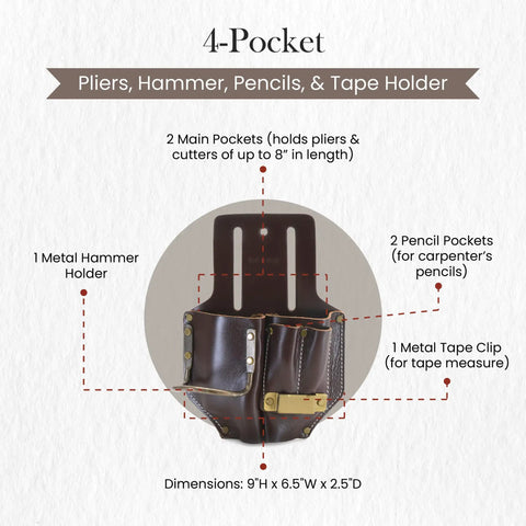 4 Pocket Pliers Hammer Holder Pencils And Tape Holder Leather Tool Pouch with pockets and dimensions labeled.