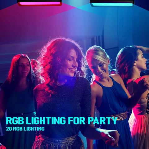 Party scene with RGB lighting featuring Two Pack 50W LED Black Light Bar for Glow Parties and Party Vibes, UV 395-400nm Plus RGB Flood Lights