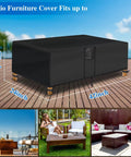 Waterproof Outdoor Coffee Table Cover For 42 Inch Long By 24 Inch Wide By 18 Inch High Rectangular Patio Table Black All Weather UV Resistant Protector For Outdoor Furniture shown on patio.