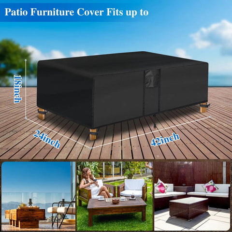 Waterproof Outdoor Coffee Table Cover For 42 Inch Long By 24 Inch Wide By 18 Inch High Rectangular Patio Table Black All Weather UV Resistant Protector For Outdoor Furniture shown on patio.