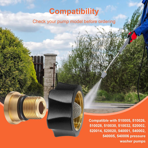 Close-up of brass water inlet fitting for pressure washer pump, 3/8 in male and 3/4 in female ends, black nut with mesh