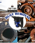 Collage of Electric Needle Gun Scaler for Rust Removal, 110V Industrial Grade Pneumatic Tool, used on rusted ship and metal parts.
