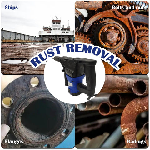 Collage of Electric Needle Gun Scaler for Rust Removal, 110V Industrial Grade Pneumatic Tool, used on rusted ship and metal parts.