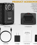 1440P UHD Ambarella H22 Body Worn Camera With 128GB Memory Night Vision Audio Recording Waterproof Portable Law Enforcement Cam HEVC Compression For Clear Evidence Police Wearable Camera For On Duty, charging dock, USB cable, charger, user manual, epaulet clip