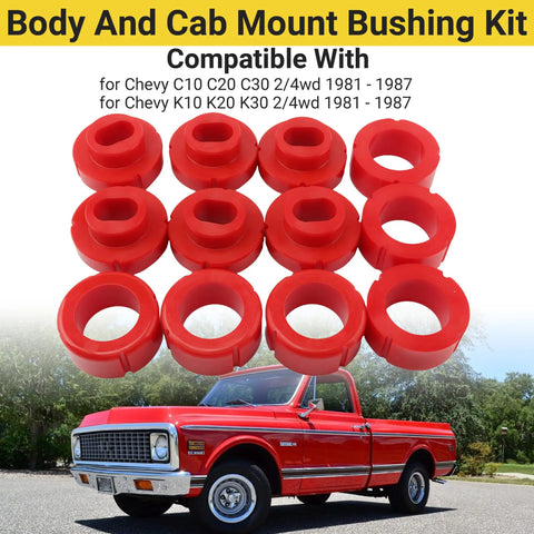 Chevy 81-87 Polyurethane Body Cab Mount Bushing Kit 12 Piece Direct Fit Heavy Duty For C10 C20 K10 K20 K30 GMC red bushings