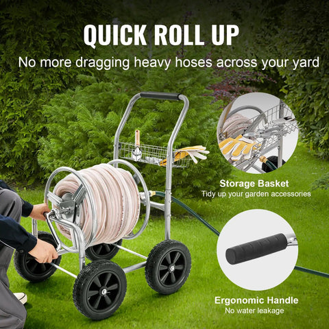 Heavy Duty Hose Reel Cart For 250 Ft Of 5/8 Inch Hose, Grab-And-Go Garden Water Cart With 4 Wheels, Powder Coated Steel