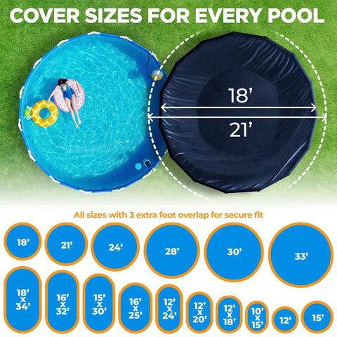 Heavy Duty 18 Ft Round Winter Pool Cover For Above Ground Pools In Navy Blue displayed over the pool size chart.