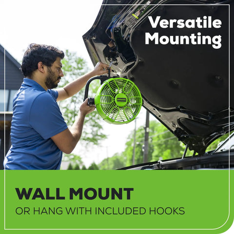 Man mounting 40V 10 Inch Hybrid Fan With 5 Speed Settings And 360 Degree Rotating Head Delivering Up To 785 CFM Airflow Cordless And AC DC Power Charger Included Battery Not Included Perfect For Garage Workshop And Home Use under open car hood